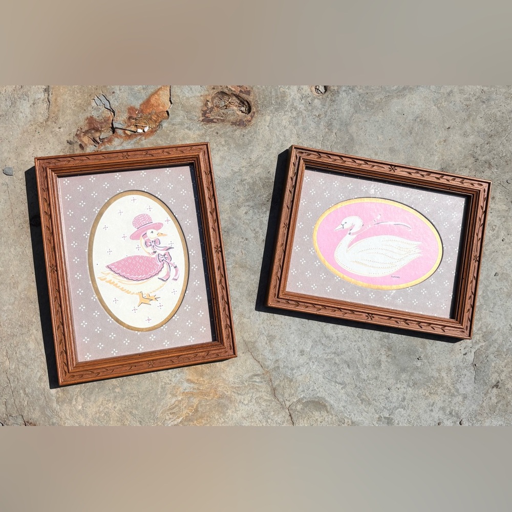 Vintage Cottage Core Granny Duck & Swan Pink Pic Set Wall Decor